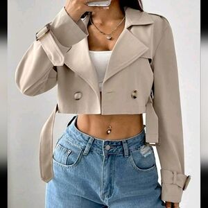 Women's Notched Lapel Button Front Long Sleeve Short Trench Coat